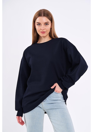 Comeor Lacivert Kadın Pamuklu Oversize Basic Bisiklet Yaka Sweatshirt 001