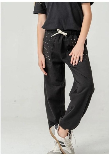 Siyah Cebi Taşlı Paça Brit Lastikli Stoperli Kız Çocuk Eşofman Altı 6168s Anrasit