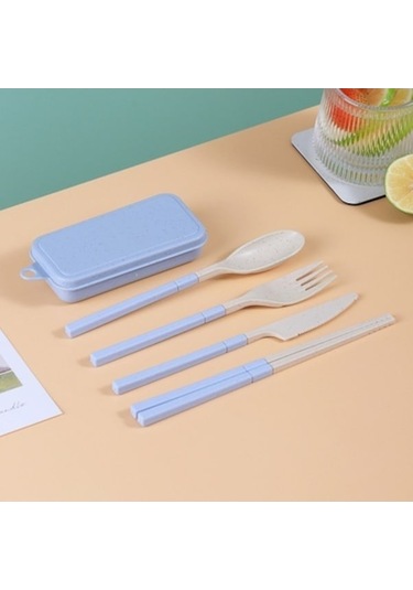 Yeniden Kullanılabilir Seyahat Kamp Beslenme Çantası İçin Kaşık Çatal Set Mavi Mavi