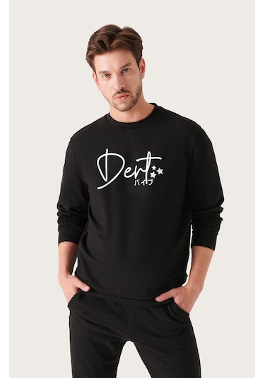 Unisex Oversize Dert Baskılı Bisiklet Yaka Siyah Sweatshirt Siyah
