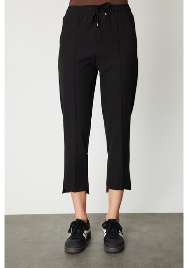 On Kadın Önü Çimalı Dar Paça Eşofman Altı 64138 Siyah Siyah