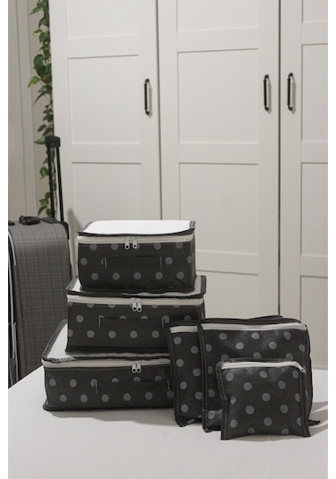 Adarya Home Puantiye Desen Valiz Düzenleyici Bavul İçi Organizer Set 6'lı Gri