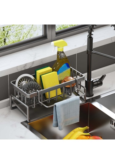 Mufunye Paslanmaz Çelik Mutfak Tezgahı Organizatörü - Otomatik Drenajlı Gri Gri