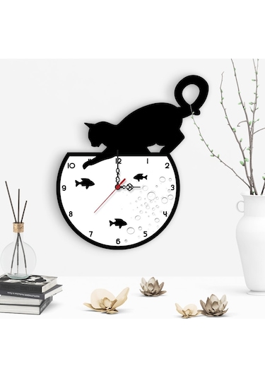Dekoratif Kedi Tasarımlı Ahşap Duvar Saati - 2 Çok Renkli