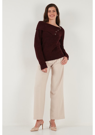 Lela Premium Regular Fit Kayık Yaka Düğme Detaylı Bayan Kazak 680Kz002563 Bordo