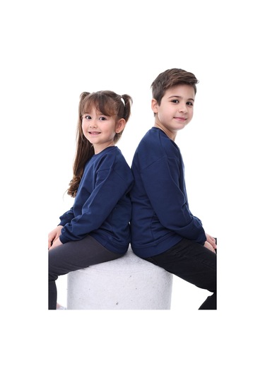 Basic Bisiklet Yaka Şardonlu Çocuk Sweatshirt 3-10 Yaş Krem Lacivert