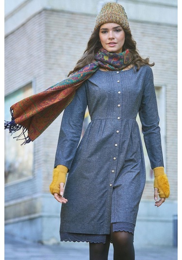 Nervürlü Yaka Dantelli Uzun Kollu Gri Elbise Desenli