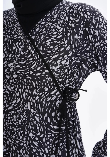 Bağlamalı Namaz Elbisesi Desenli - Siyah Biye-21005 Gül Kurusu