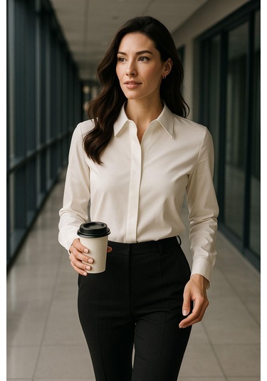 Kadın Ekru Gizli Düğme Detaylı Slim Fit Trend Krep Gömlek Çok Renkli