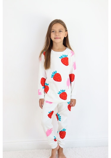 Kız Çocuk Orta Kalınlıkta Basic Baskılı Pijama Takımı Beyaz