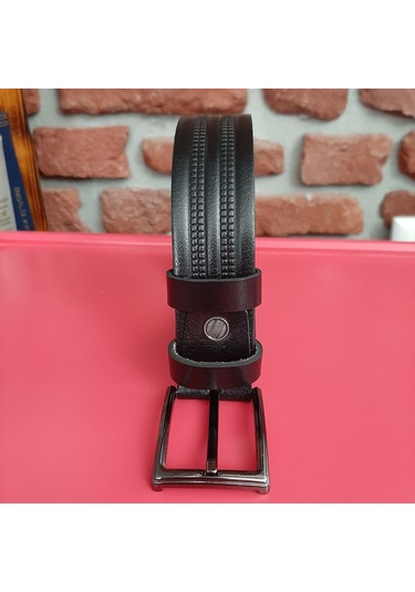 Erkek Kemer Baskı Desenli Siyah Hakiki Vejetal Dana Deri 3.5 CM Siyah