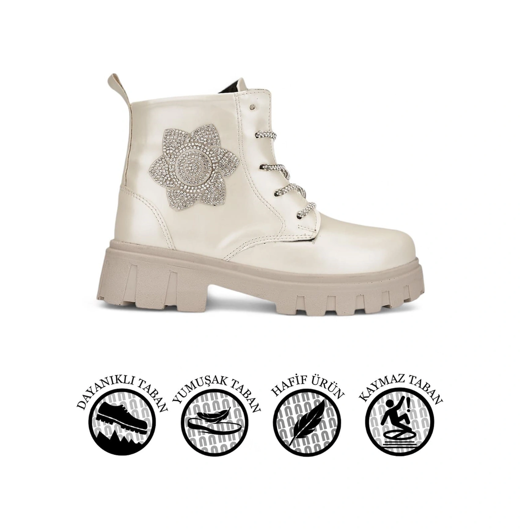 Günlük Çocuk Bot Rugan Çiçekli Taşlı Bağcıklı Fermuarlı Rugan Kalın Tıtrıklı Taban Bootie 600 Bej Rugan Günlük Çocuk Bot Rugan Çiçekli Taşlı Bağcıklı Fermuarlı Rugan Kalın Tıtrıklı Taban Bootie 600 Bej Rugan