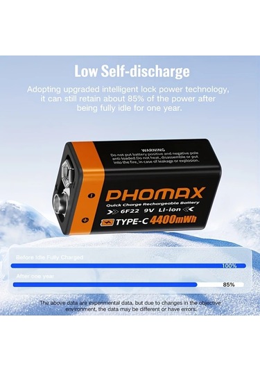 Willowhaven Phomax 9v 4400mwh 2 Adet Şarj Edilebilir Lityum Pil 6f22