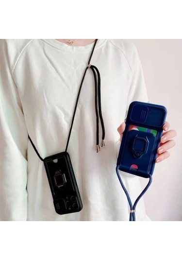 Honeybeeshop Pembe Renk İphone Uyumlu 11 Pro Max Katı Makaron Boyun Askılı Tam Kapak Yumuşak Telefon Kılıf