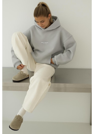 Benroma 3 İplik Penye Peteet Studıos Baskılı Unisex Kapüşonlu Sweat Gri