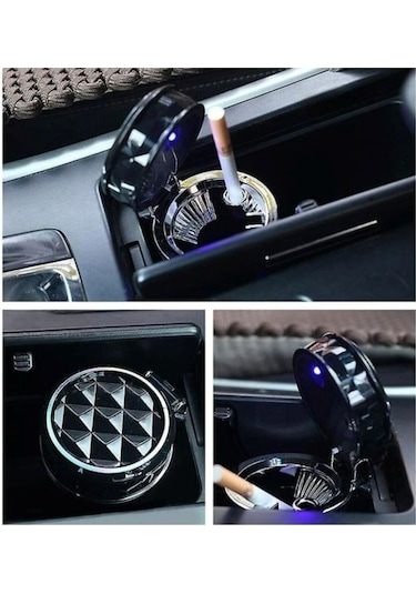 Kristal Pırlanta Taş Görünümlü Mavi Led Işıklı Lüx Oto Küllük Kapaklı Araç İçi Küllük Siyah
