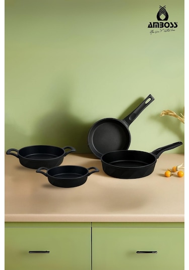 4 Parça Süper İkili Döküm Tava Sahan Seti Siyah