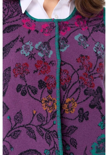 Desen Triko Kadın Sıfır Yaka Sarmaşık Desenli Yün Yelek 23119 A.mor Mor