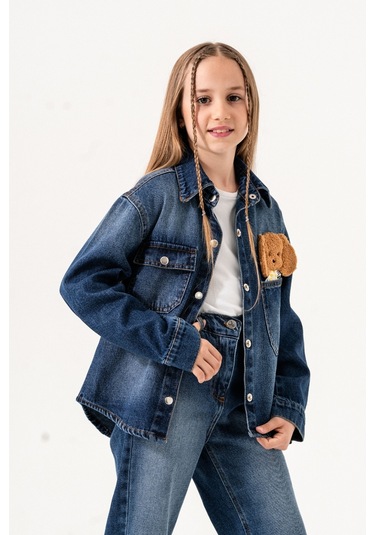 Kız Çocuk Köpek Nakışlı Kot Gömlek 3137 Koyu Mavi