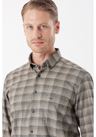 Koyu Vizon Uzun Kollu Ekoseli Gabardin Sert Yaka Cepli Casual Comfort Fit Gömlek 1004235113-koyu Vizon Koyu Vizon