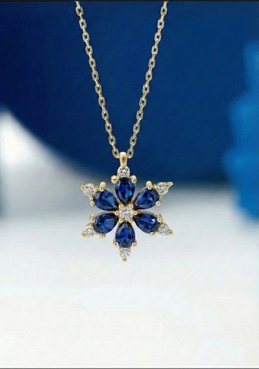 Çekirdekjewelry 925 Ayar Gümüş Lacivert Taşlı Kamelya Çiçeği Kolye Sarı Lacivert