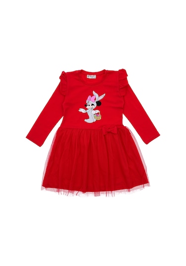 Kız Çocuk Elbise Taşlı Baskılı Kırmızı