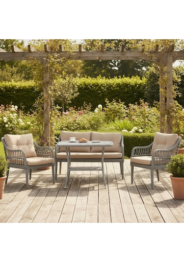 Kaş 2+1+1+sehpa Bahçe Balkon Mobilyası,gri Rattan/gri Kumaş Bej