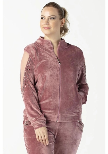 1950 Kolları Taşlı Tam Kalıp Tarz Kadife Büyük Beden Eşofman Takım Pembe Pembe