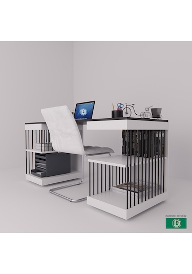 Çalışma Masası Raflı Çift Renk Modern Beyaz - Antrasit