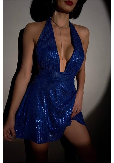 Neşeli Butik Kadın Mavi Halter Yaka Payet Elbise Nbdf046 Mavi