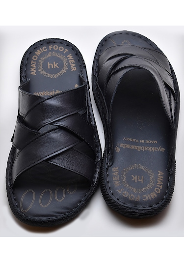 Ayakkabiburada 034 Günlük Tam Ortopedik Hakiki Deri Erkek Terlik Puff Taban Siyah