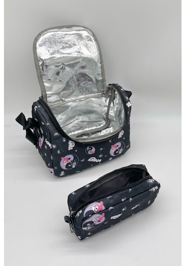 Sevimli Karakter Desenli Beslenmeli İlkokul Çanta Seti Siyah