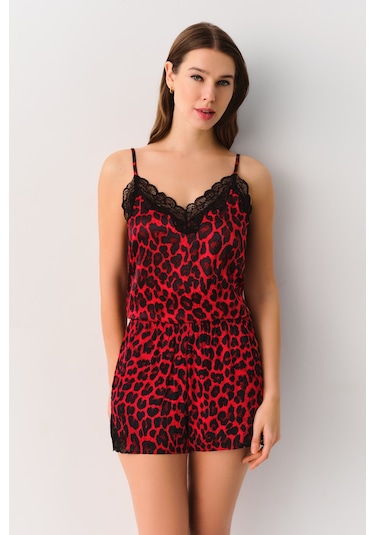 Suwen Lioness Şort St4435603603 Kırmızı Leopar Desenli