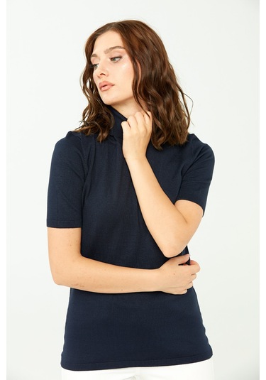 Desen Triko Kadın Likralı Kısa Kollu Tam Balıkçı Bluz 20346 Koyu