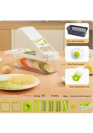 Konesam Mutfakta Hızlı Kesim İçin Çok Fonksiyonlu Patates- Havuç Julienne, Dilim Ve Küp Kesici Aleti - Gri Yeşil 16 Parça 3 Bıçaklı Kutu Seti Diğer