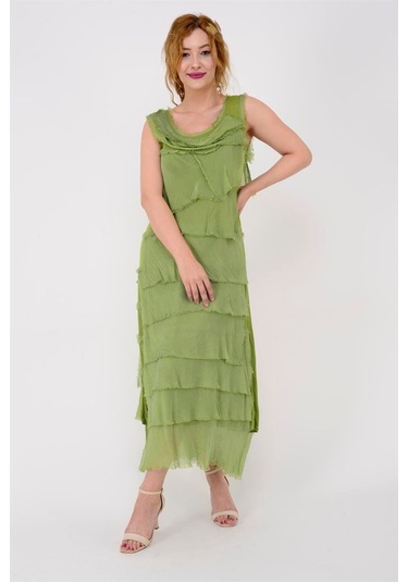 Italyan 2 Beden İnce Gösteren Kat Kat Kolsuz Ipek Elbise Fıstık Yeşili