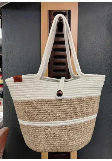 Doğal Hasır Jüt El Örmesi Bayan Çanta- Bej Ortası-yukarısı Beyaz Bej - Beyaz