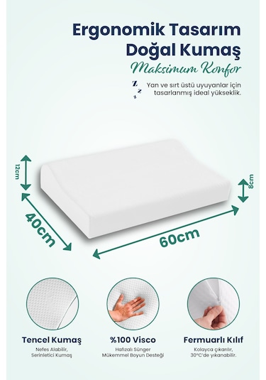 Çift Boyun Destekli Ortopedik Visco Yastık 52x32x12-10cm Beyaz