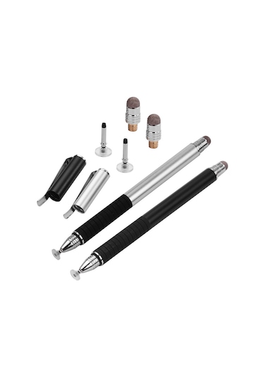 Vkemall Metal Kapasitif Kalemler Seti 2 Adet - Nano Konduktif Fiber Uç + Sünger Disk, Fırça Ucu, Kalem Klipsi, Siyah/gümüş Renk Seçeneği 2 Adet Değiştirme Ucu