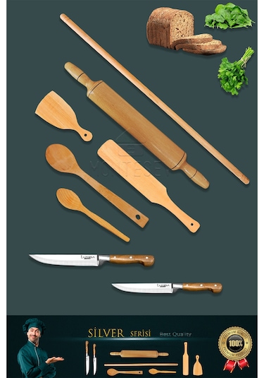 Silver Serisi Ahşap Hamur Açma Oklava Merdane Lazbisa Bıçak 8 Li