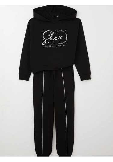 Kız Çocuk Kapüşonlu She Is Me Yazılı Eşofman Takım-15365 Siyah