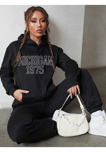 Michigan 1975 Eşofman Takımı Sweatshirt Jogger - Siyah Baskılı Oversize Şardonlu Kapüşonlu Siyah