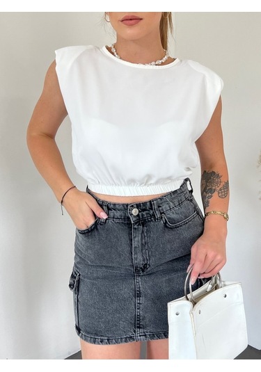 Omuzları Vatkalı Beli Lastikli Bluz -beyaz Karışık