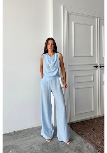 Munn Collection Degaje Yaka Kolsuz Bluz - Pantolon Takım - Mavi Mavi