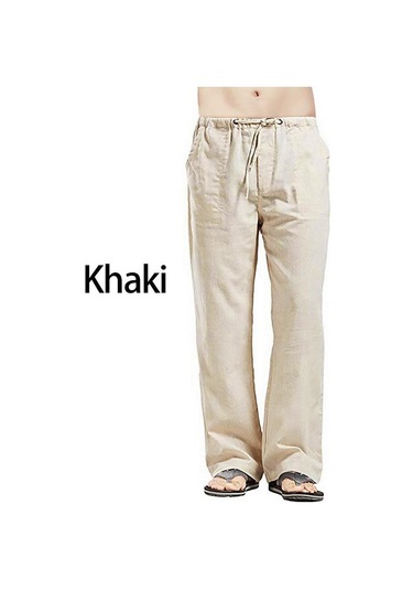 Erkek Nature Pamuk Keten Pantolon Yaz Pantolon 5xl Rahat Erkek Düz Elastik Bel Düz Bol Pantolon Haki