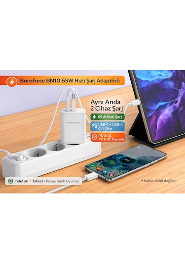 Bn10 65w Süper Hızlı Şarj Aleti Type-c Pd & Usb-a Qc Çift Portlu Adaptör