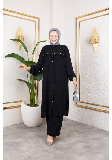 Nevayla Moda Ayrobin Kumaş İnci Detaylı Takım / T112 - Siyah Siyah