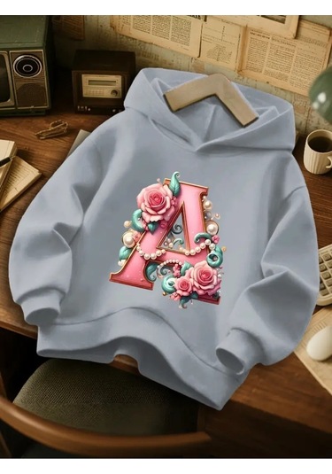 Kışlık Kapüşonlu Sweatshirt, Çocuk A Harfli Baskılı Gri