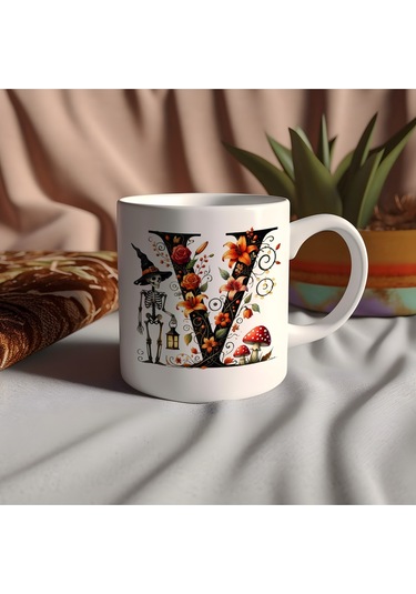 V Harfi Şapkalı İskelet Figürlü Ve Çiçekli Kupa Bardak - Cadılar Bayramı / Halloween Özel Hediye Beyaz