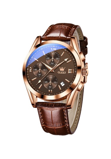Olevs 2872 Erkekler Üç Göz Altı İğne Kronograf Su Geçirmez Kuvars Saat Kahve + Gül Altın
